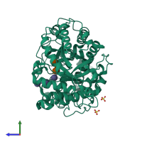 PDB entry 1q6f coloured by chain, side view.