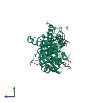 PDB entry 1q6y coloured by chain, side view.