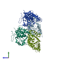 PDB entry 1q74 coloured by chain, side view.