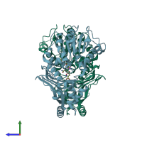 PDB entry 1q7g coloured by chain, side view.