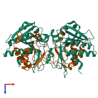 Hetero tetrameric assembly 3 of PDB entry 1q7l coloured by chemically distinct molecules, top view.