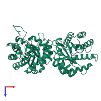 Monomeric assembly 2 of PDB entry 1q7q coloured by chemically distinct molecules, top view.