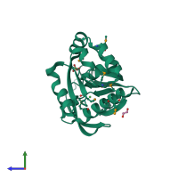PDB entry 1q7r coloured by chain, side view.