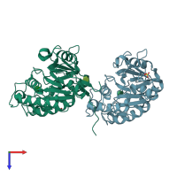 PDB entry 1q7t coloured by chain, top view.