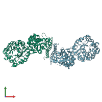 PDB entry 1q7z coloured by chain, front view.