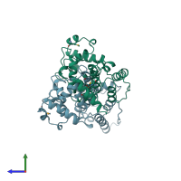 PDB entry 1qag coloured by chain, side view.