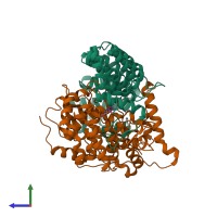 PDB entry 1qbq coloured by chain, side view.