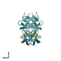 PDB entry 1qbu coloured by chain, side view.