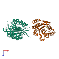 Hetero dimeric assembly 1 of PDB entry 1qc5 coloured by chemically distinct molecules, top view.