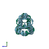 PDB entry 1qck coloured by chain, ensemble of 21 models, side view.