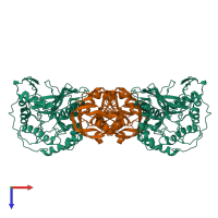 Hetero tetrameric assembly 1 of PDB entry 1qdl coloured by chemically distinct molecules, top view.