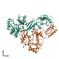 PDB entry 1qe1 coloured by chain, front view.