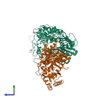 PDB entry 1qe1 coloured by chain, side view.