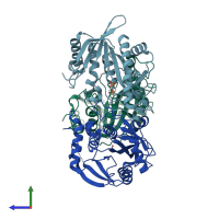 PDB entry 1qe5 coloured by chain, side view.