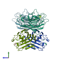 PDB entry 1qf3 coloured by chain, side view.