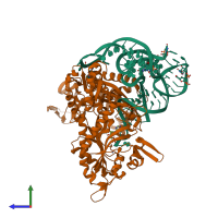 PDB entry 1qf6 coloured by chain, side view.