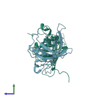 PDB entry 1qfv coloured by chain, side view.