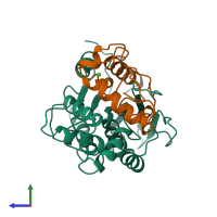 PDB entry 1qge coloured by chain, side view.