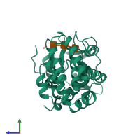 PDB entry 1qgi coloured by chain, side view.