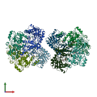 PDB entry 1qgn coloured by chain, front view.