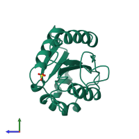 PDB entry 1qhe coloured by chain, side view.