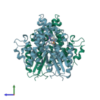 PDB entry 1qhi coloured by chain, side view.