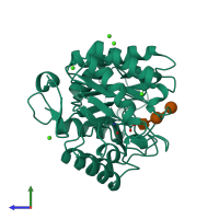 PDB entry 1qi2 coloured by chain, side view.