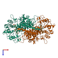 Hetero dimeric assembly 1 of PDB entry 1qi9 coloured by chemically distinct molecules, top view.