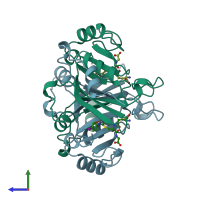 PDB entry 1qin coloured by chain, side view.