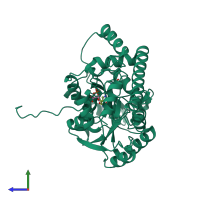 PDB entry 1qir coloured by chain, side view.