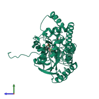 PDB entry 1qis coloured by chain, side view.