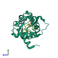 Monomeric assembly 1 of PDB entry 1qiv coloured by chemically distinct molecules, side view.