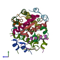 PDB entry 1qiy coloured by chain, side view.