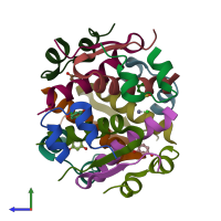 PDB entry 1qiz coloured by chain, side view.