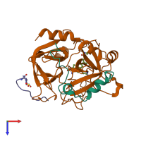 Hetero trimeric assembly 1 of PDB entry 1qj7 coloured by chemically distinct molecules, top view.