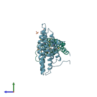 PDB entry 1qkr coloured by chain, side view.