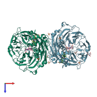 PDB entry 1qks coloured by chain, top view.