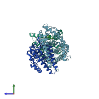 PDB entry 1qku coloured by chain, side view.