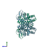 PDB entry 1qm6 coloured by chain, side view.