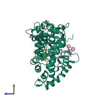 PDB entry 1qmq coloured by chain, side view.