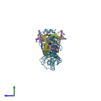 PDB entry 1qn3 coloured by chain, side view.