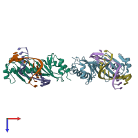 PDB entry 1qn3 coloured by chain, top view.