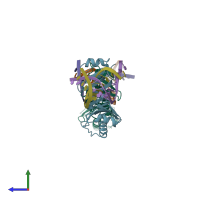 PDB entry 1qnb coloured by chain, side view.