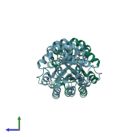 PDB entry 1qo2 coloured by chain, side view.