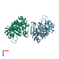 PDB entry 1qo2 coloured by chain, top view.