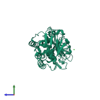 Homo dimeric assembly 4 of PDB entry 1qol coloured by chemically distinct molecules, side view.