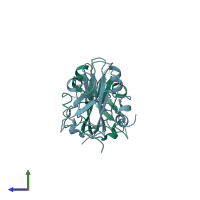 PDB entry 1qou coloured by chain, side view.