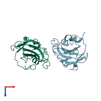 PDB entry 1qou coloured by chain, top view.