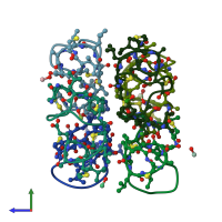 PDB entry 1qow coloured by chain, side view.