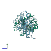 PDB entry 1qoz coloured by chain, side view.